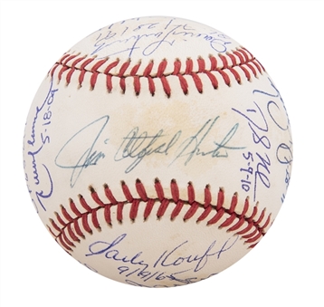 Perfect Game Pitchers Multi-Signed OAL Baseball with 18 Signatures Including Catfish Hunter, Sandy Koufax, Don Larsen, Randy Johnson and Roy Halladay (JSA)